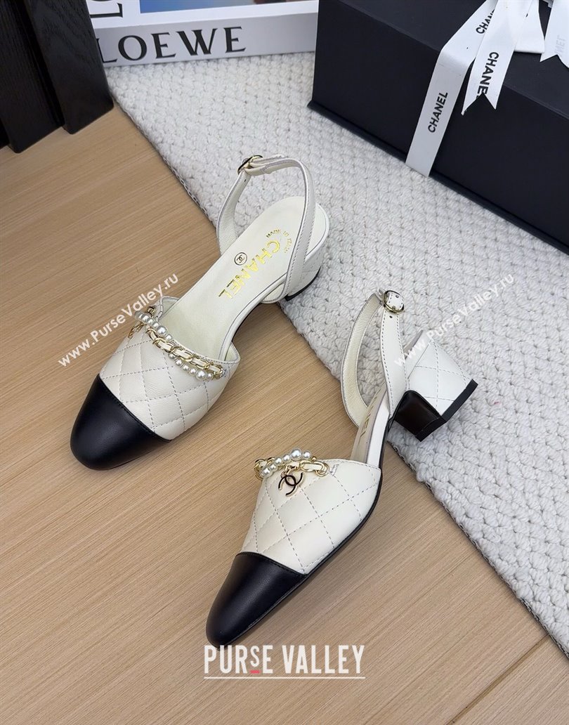 Chanel Lambskin Slingback Pumps with Chain and Pearls White 2025 CH041618 (MD-250416123)