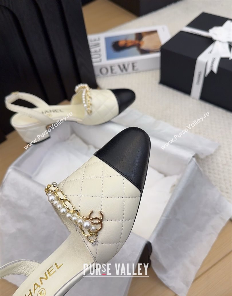 Chanel Lambskin Slingback Pumps with Chain and Pearls White 2025 CH041618 (MD-250416123)
