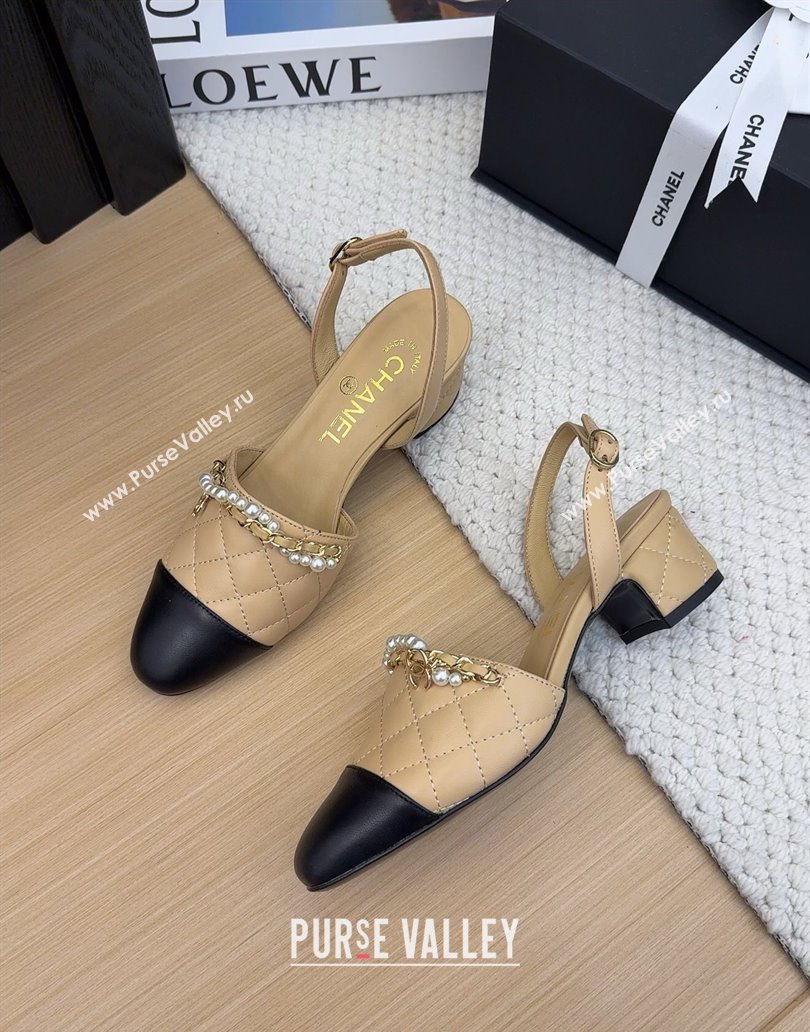 Chanel Lambskin Slingback Pumps with Chain and Pearls Beige 2025 CH041618 (MD-250416124)