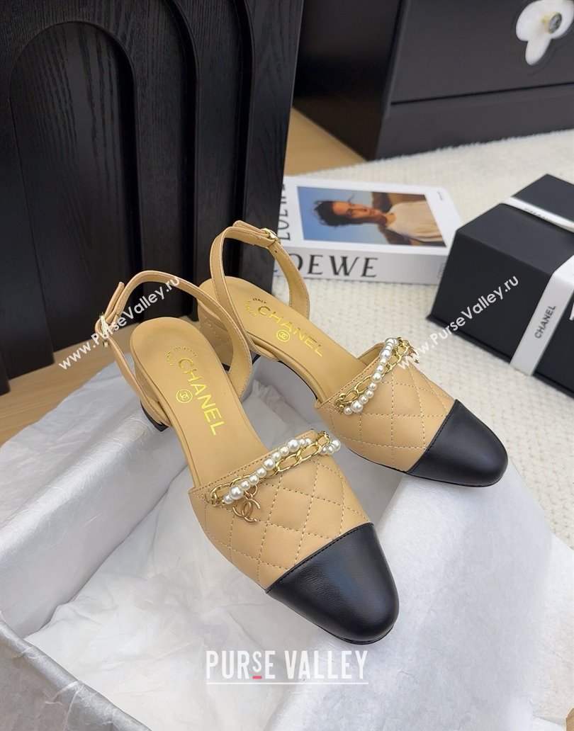 Chanel Lambskin Slingback Pumps with Chain and Pearls Beige 2025 CH041618 (MD-250416124)