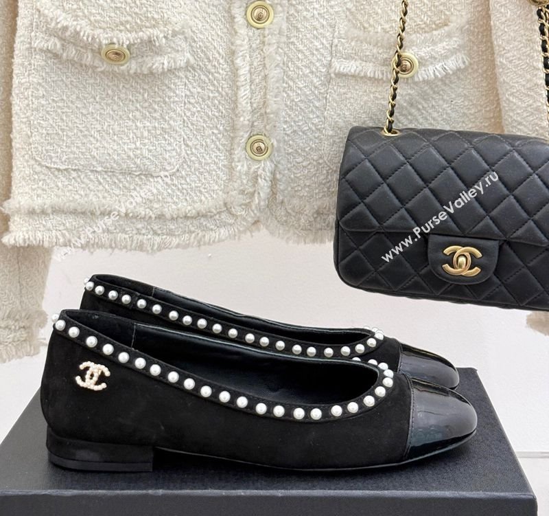 Chanel Suede Patent Calfskin Ballet Flats with Pearls Black 2025 CH041609 (MD-250416063)