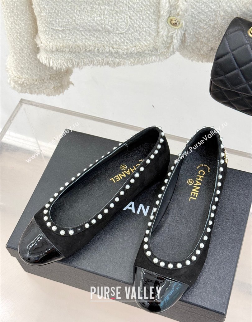 Chanel Suede Patent Calfskin Ballet Flats with Pearls Black 2025 CH041609 (MD-250416063)