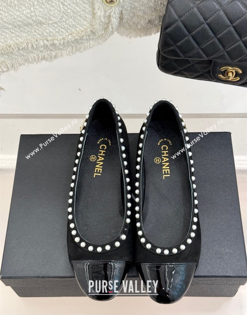 Chanel Suede Patent Calfskin Ballet Flats with Pearls Black 2025 CH041609 (MD-250416063)