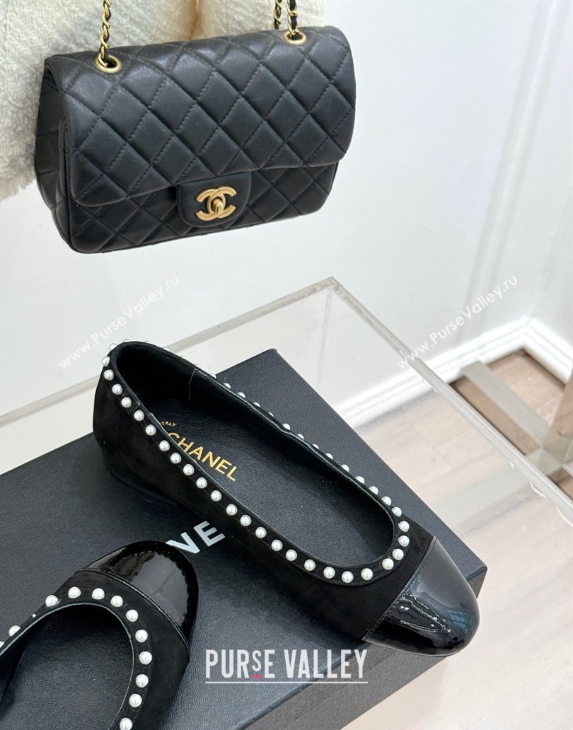 Chanel Suede Patent Calfskin Ballet Flats with Pearls Black 2025 CH041609 (MD-250416063)