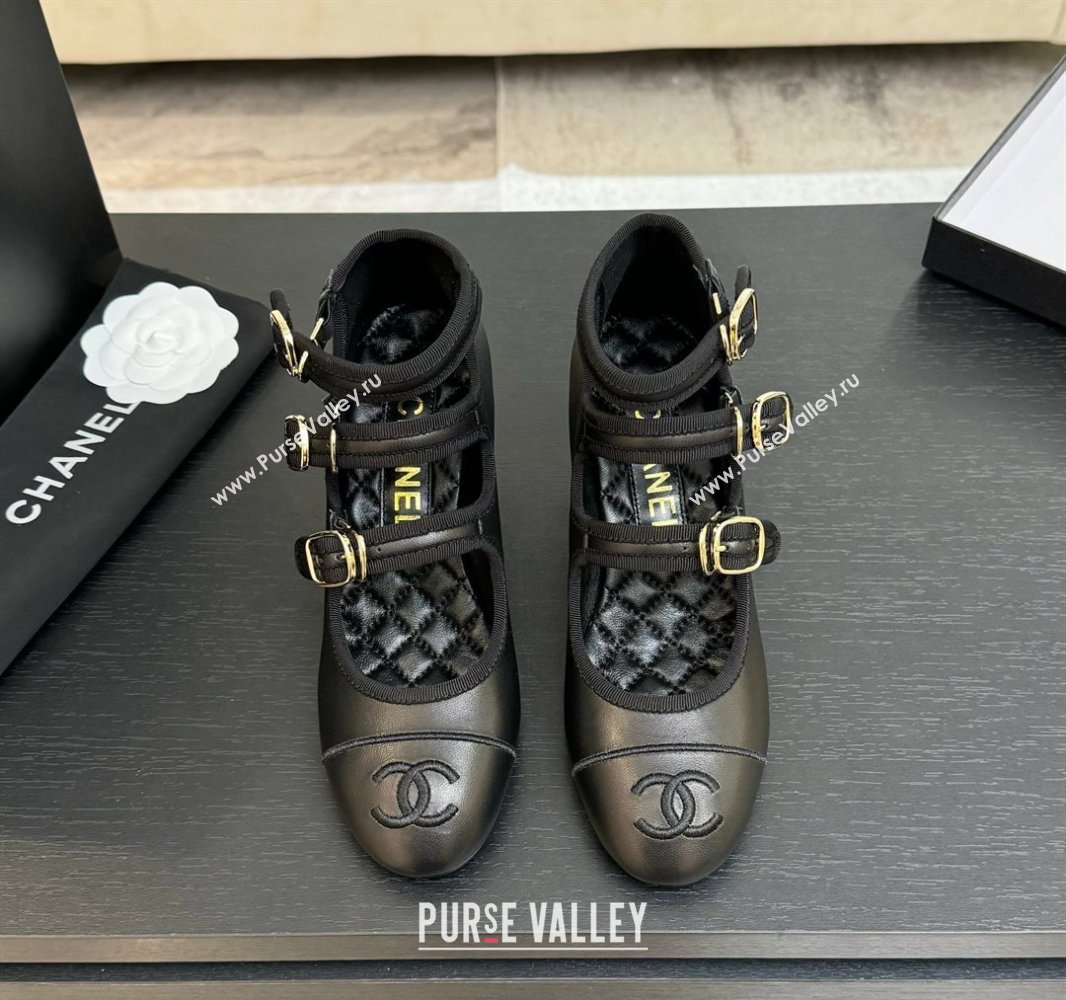 Chanel Calfskin Leather Mary Janes Pumps 7cm with Triple Buckle Black 2025 G46477 (MD-250416127)
