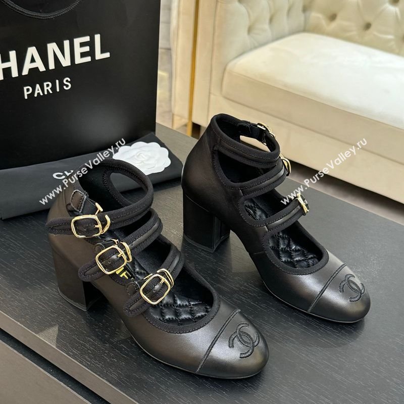Chanel Calfskin Leather Mary Janes Pumps 7cm with Triple Buckle Black 2025 G46477 (MD-250416127)
