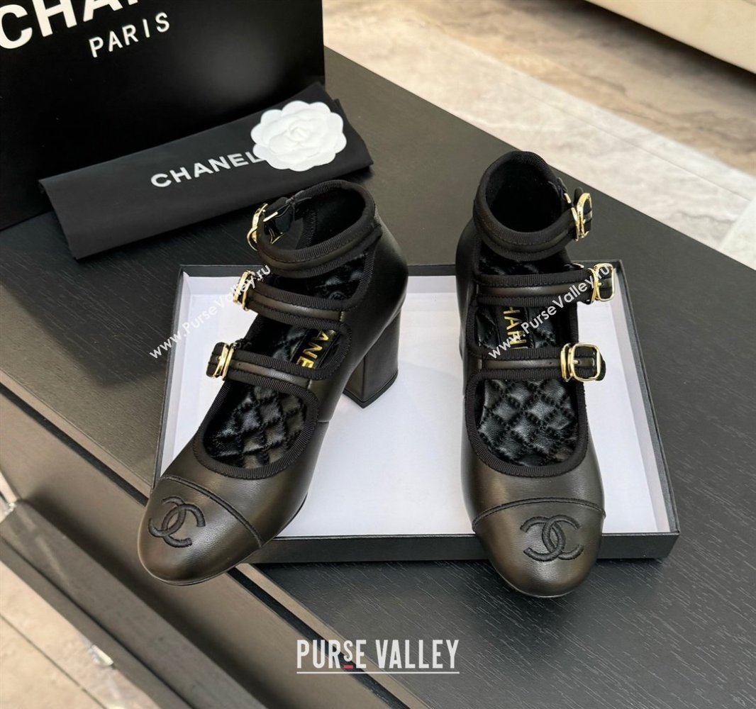 Chanel Calfskin Leather Mary Janes Pumps 7cm with Triple Buckle Black 2025 G46477 (MD-250416127)