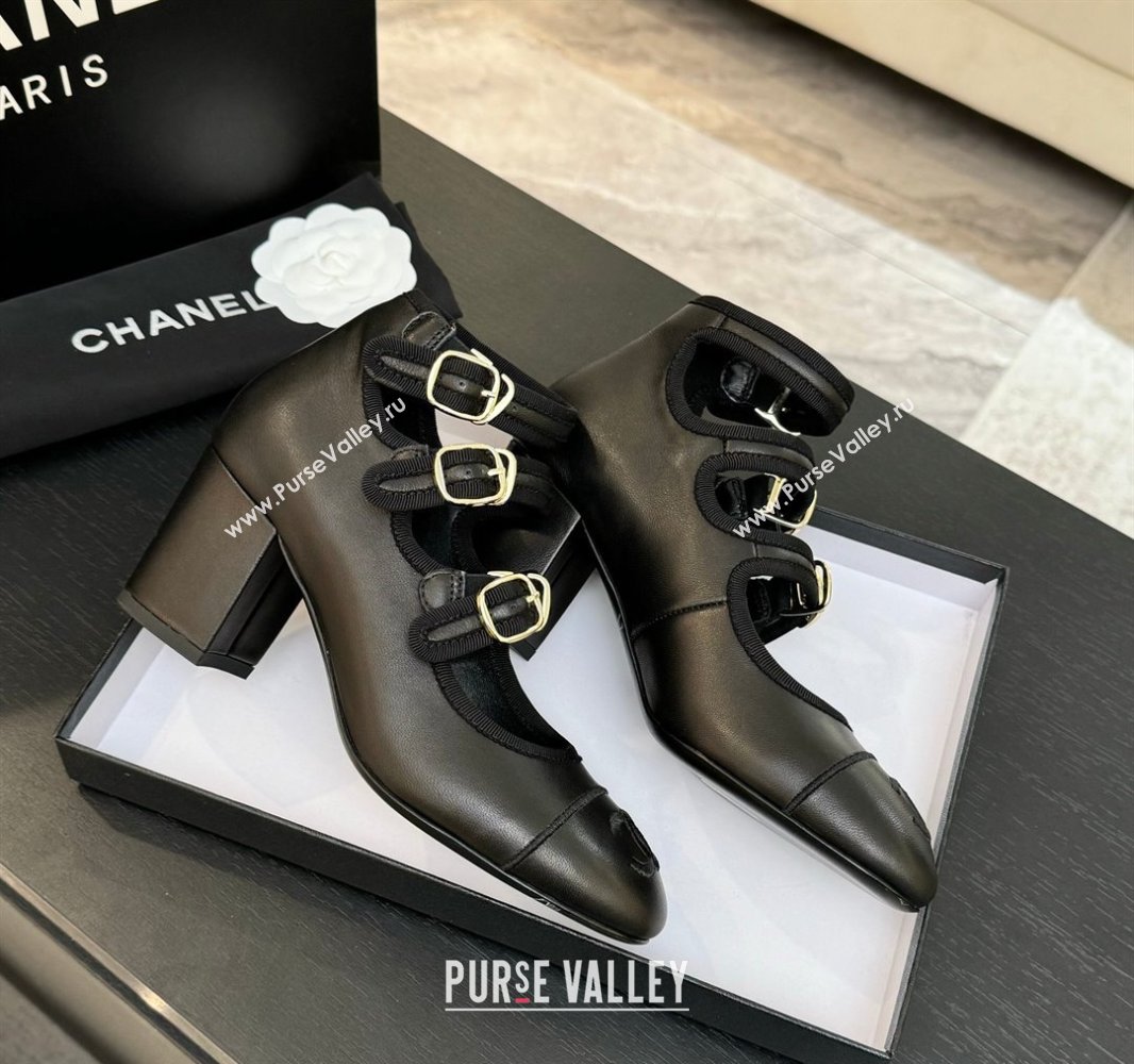 Chanel Calfskin Leather Mary Janes Pumps 7cm with Triple Buckle Black 2025 G46477 (MD-250416127)