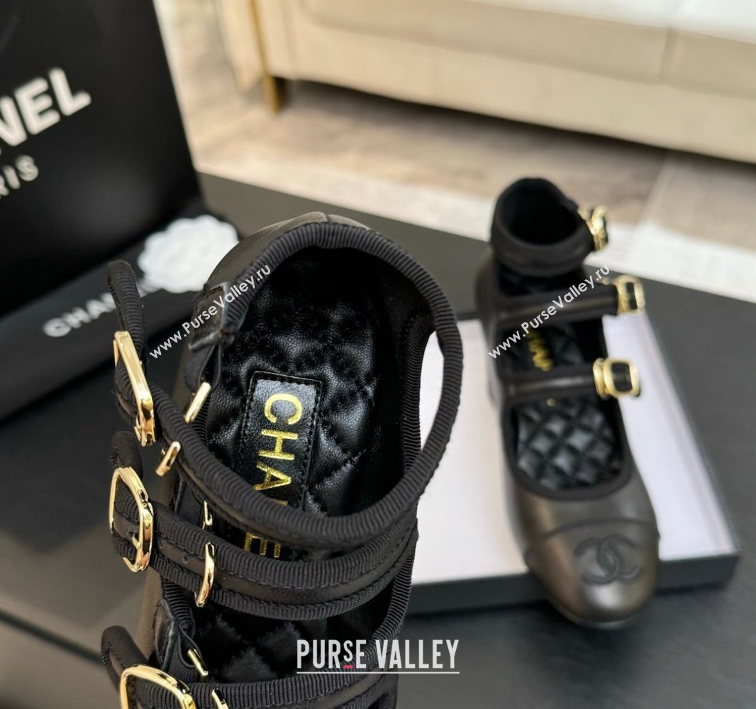 Chanel Calfskin Leather Mary Janes Pumps 7cm with Triple Buckle Black 2025 G46477 (MD-250416127)