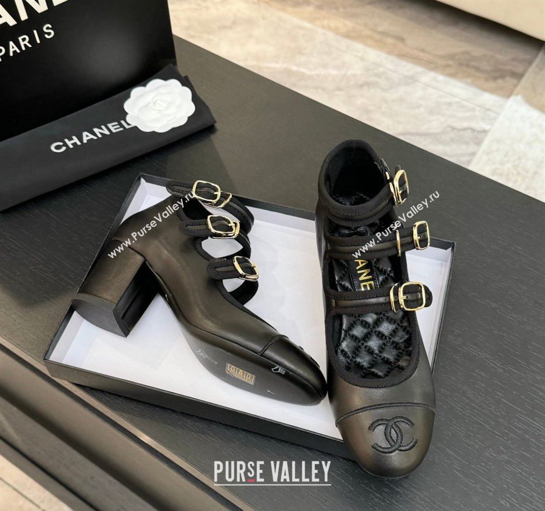 Chanel Calfskin Leather Mary Janes Pumps 7cm with Triple Buckle Black 2025 G46477 (MD-250416127)