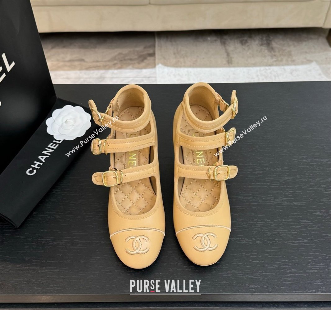 Chanel Calfskin Leather Mary Janes Pumps 7cm with Triple Buckle Beige 2025 G46477 (MD-250416128)