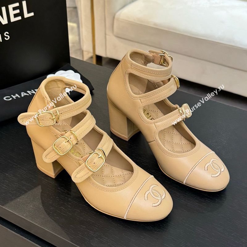 Chanel Calfskin Leather Mary Janes Pumps 7cm with Triple Buckle Beige 2025 G46477 (MD-250416128)