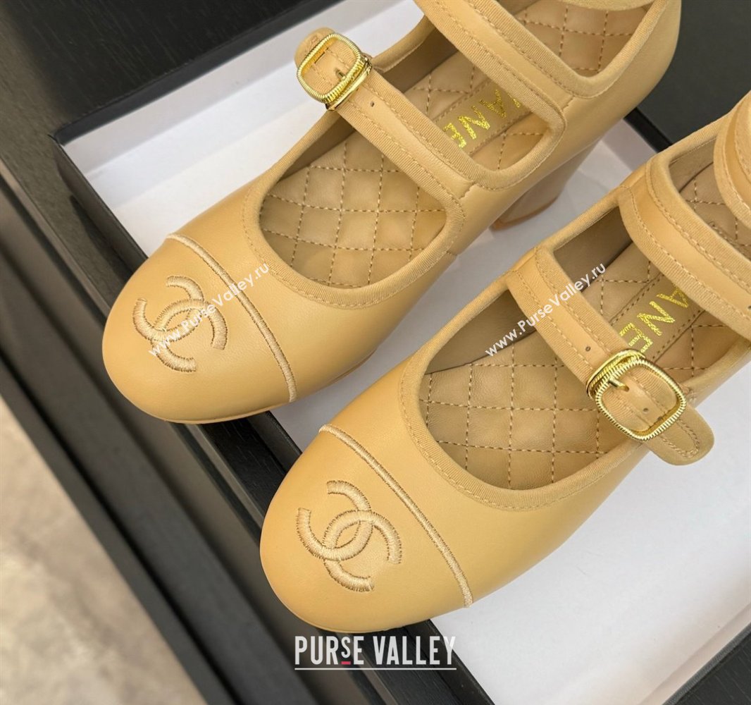 Chanel Calfskin Leather Mary Janes Pumps 7cm with Triple Buckle Beige 2025 G46477 (MD-250416128)