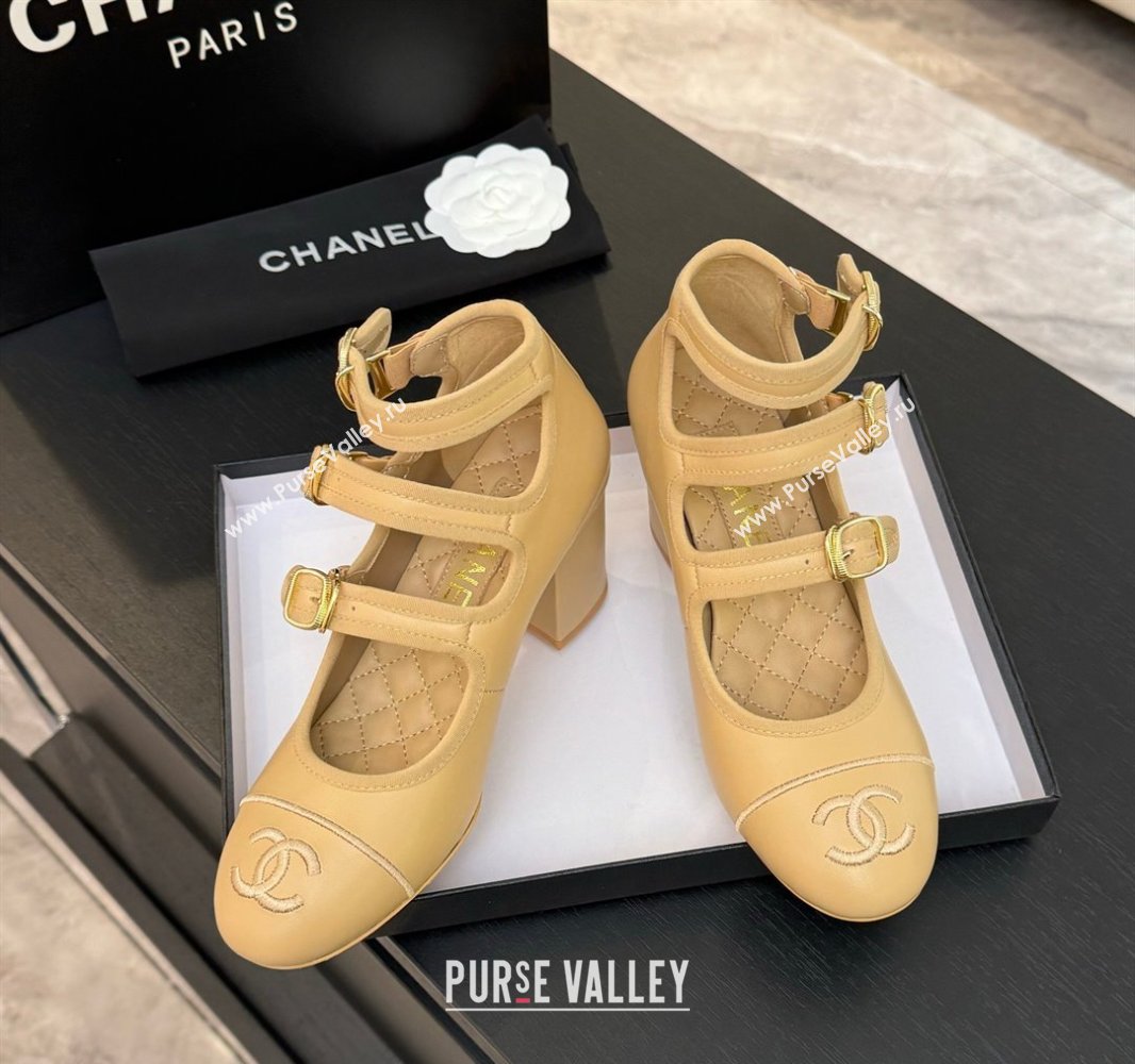 Chanel Calfskin Leather Mary Janes Pumps 7cm with Triple Buckle Beige 2025 G46477 (MD-250416128)