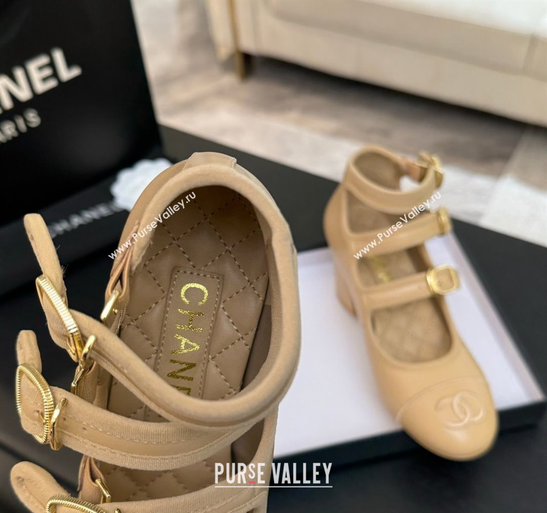 Chanel Calfskin Leather Mary Janes Pumps 7cm with Triple Buckle Beige 2025 G46477 (MD-250416128)