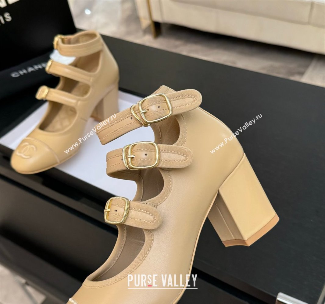 Chanel Calfskin Leather Mary Janes Pumps 7cm with Triple Buckle Beige 2025 G46477 (MD-250416128)