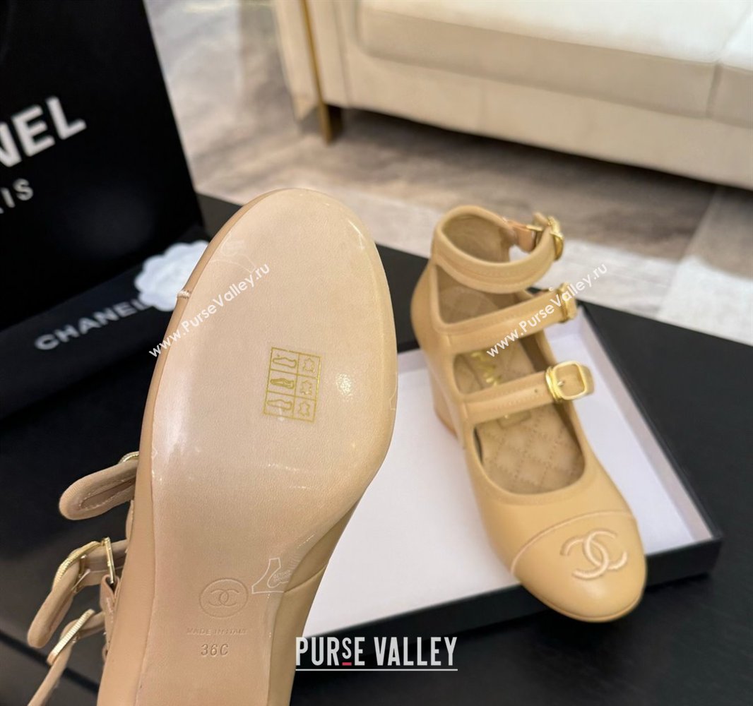 Chanel Calfskin Leather Mary Janes Pumps 7cm with Triple Buckle Beige 2025 G46477 (MD-250416128)