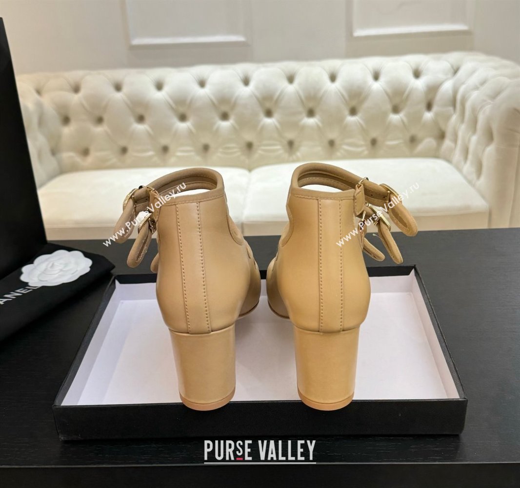 Chanel Calfskin Leather Mary Janes Pumps 7cm with Triple Buckle Beige 2025 G46477 (MD-250416128)