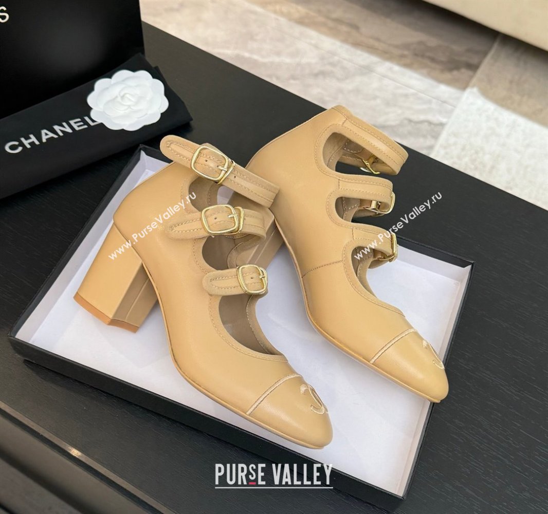 Chanel Calfskin Leather Mary Janes Pumps 7cm with Triple Buckle Beige 2025 G46477 (MD-250416128)