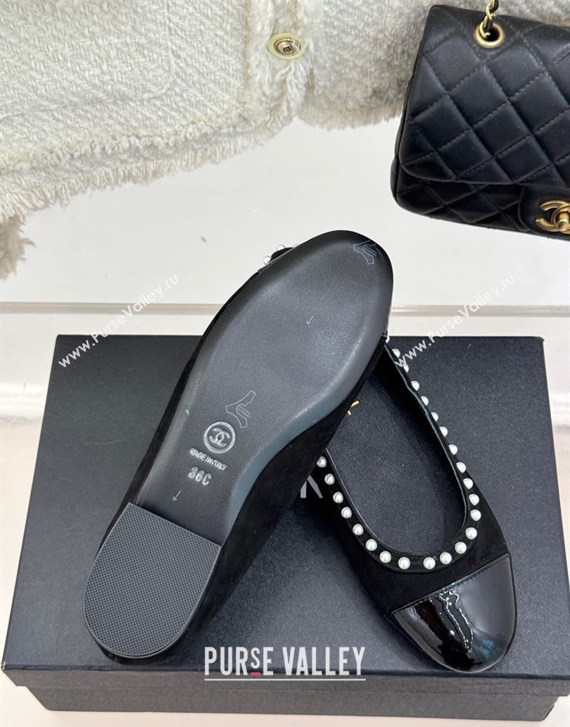 Chanel Suede Patent Calfskin Ballet Flats with Pearls Black 2025 CH041609 (MD-250416063)