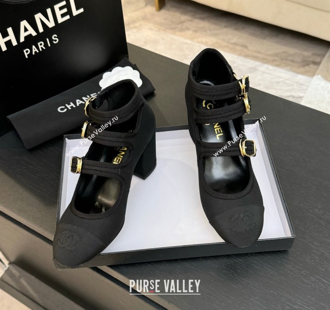 Chanel Fabric Grosgrain Mary Janes Pumps 7cm with Triple Buckle Black 2025 G46477 (MD-250416131)