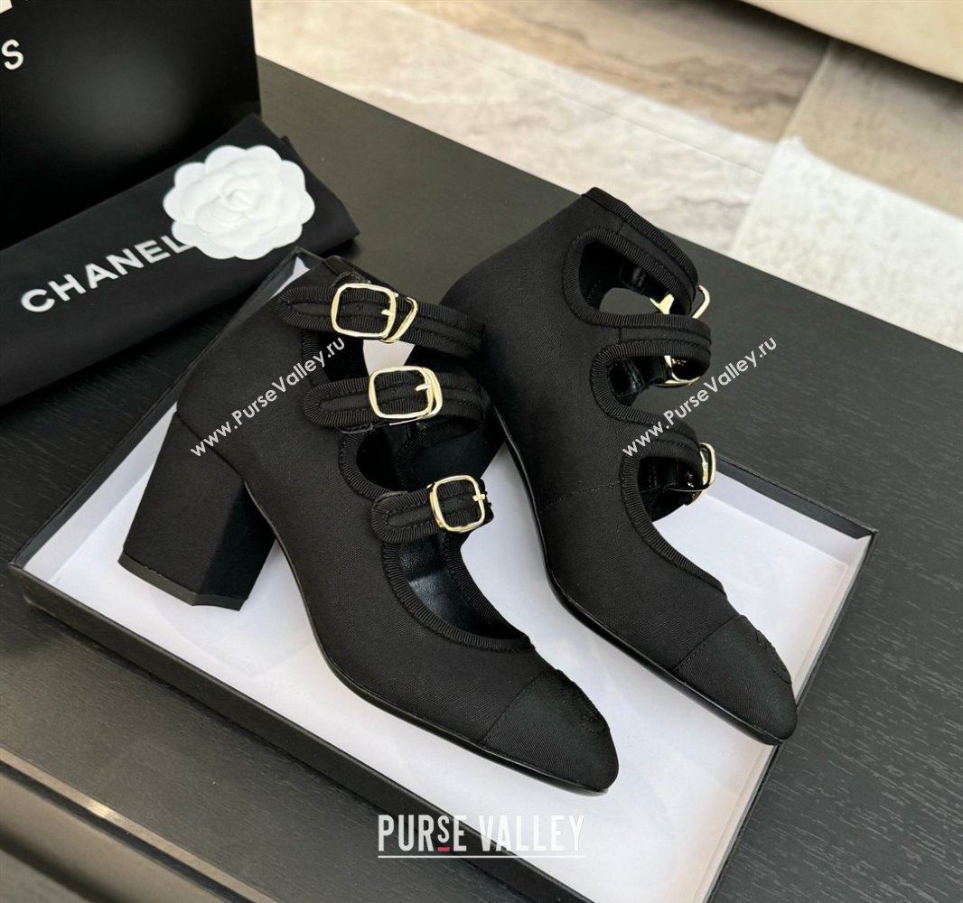 Chanel Fabric Grosgrain Mary Janes Pumps 7cm with Triple Buckle Black 2025 G46477 (MD-250416131)