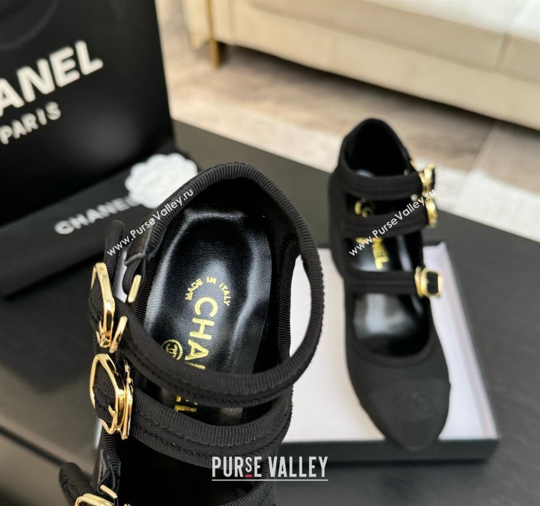 Chanel Fabric Grosgrain Mary Janes Pumps 7cm with Triple Buckle Black 2025 G46477 (MD-250416131)