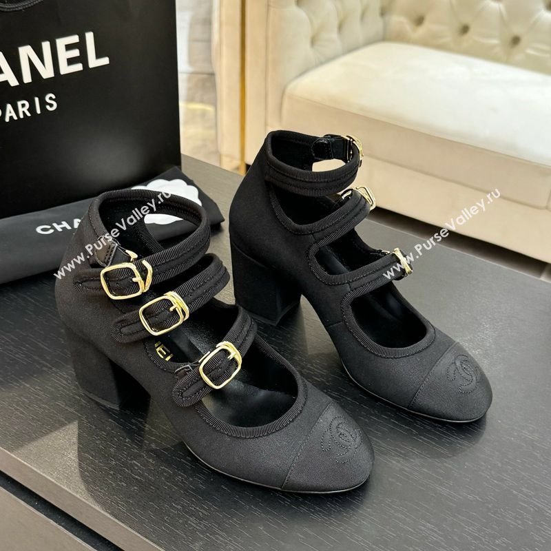 Chanel Fabric Grosgrain Mary Janes Pumps 7cm with Triple Buckle Black 2025 G46477 (MD-250416131)