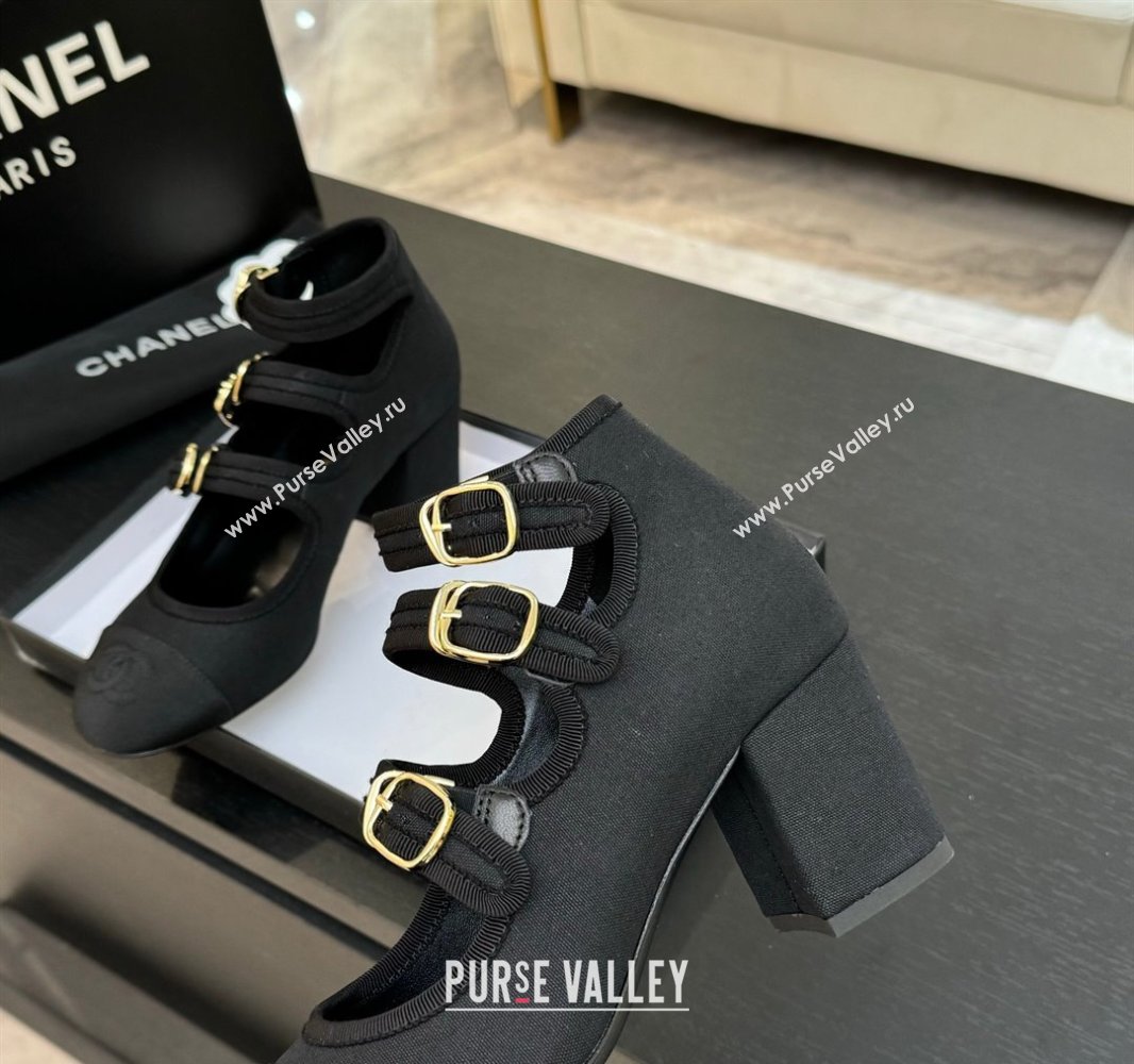 Chanel Fabric Grosgrain Mary Janes Pumps 7cm with Triple Buckle Black 2025 G46477 (MD-250416131)