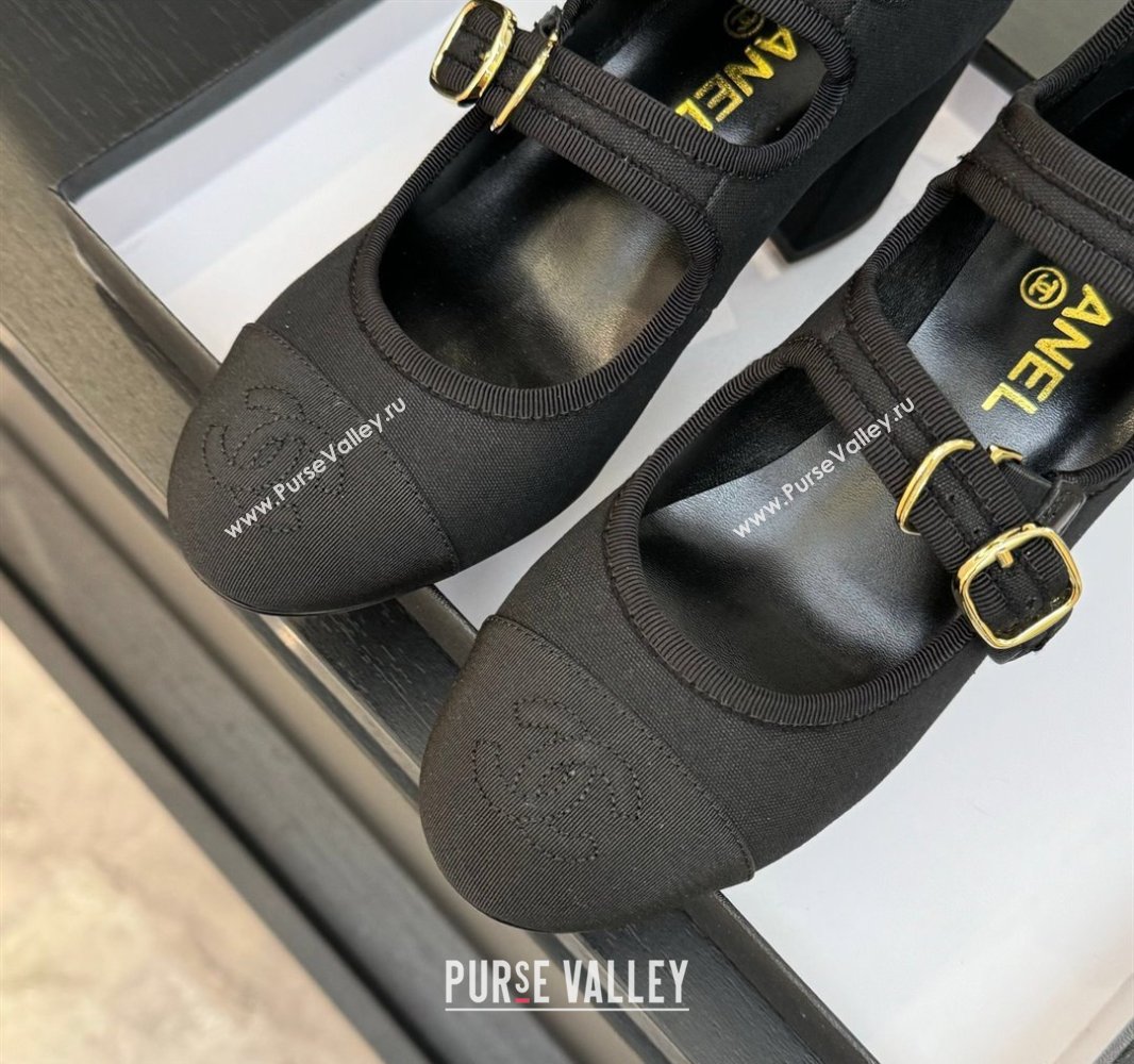 Chanel Fabric Grosgrain Mary Janes Pumps 7cm with Triple Buckle Black 2025 G46477 (MD-250416131)