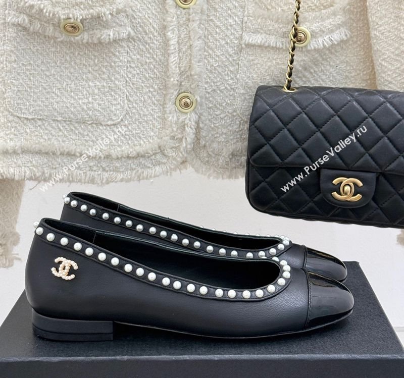 Chanel Lambskin Patent Calfskin Ballet Flats with Pearls Black 2025 CH041609 (MD-250416065)