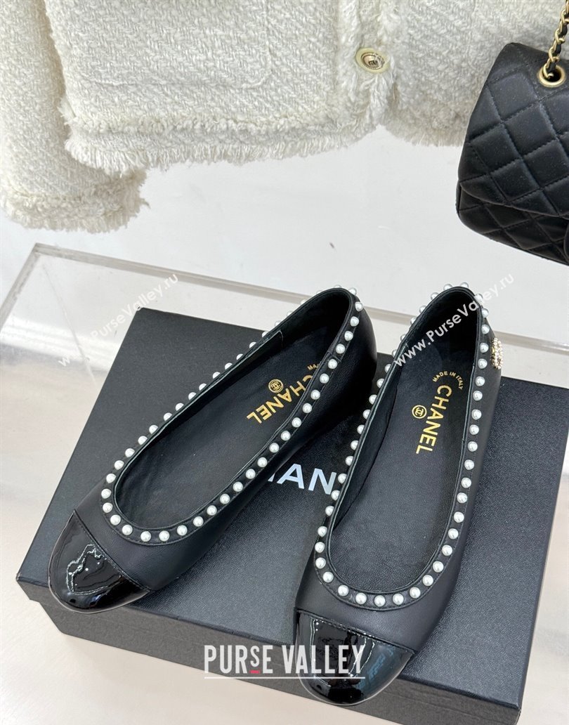 Chanel Lambskin Patent Calfskin Ballet Flats with Pearls Black 2025 CH041609 (MD-250416065)