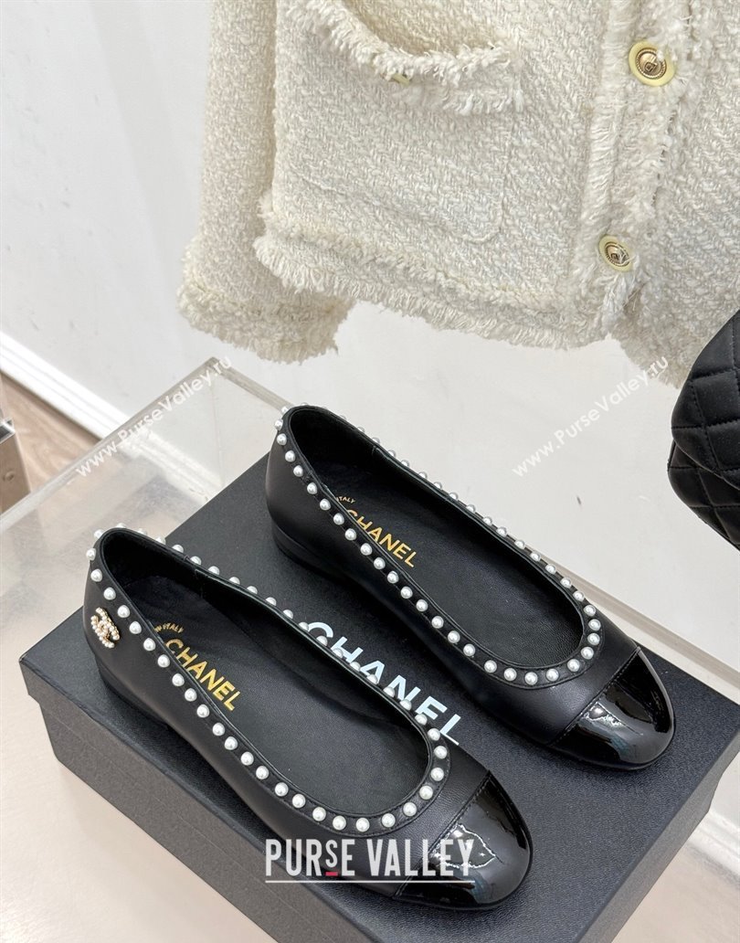 Chanel Lambskin Patent Calfskin Ballet Flats with Pearls Black 2025 CH041609 (MD-250416065)