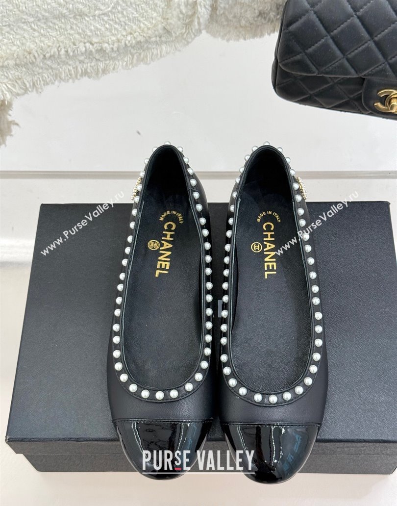 Chanel Lambskin Patent Calfskin Ballet Flats with Pearls Black 2025 CH041609 (MD-250416065)