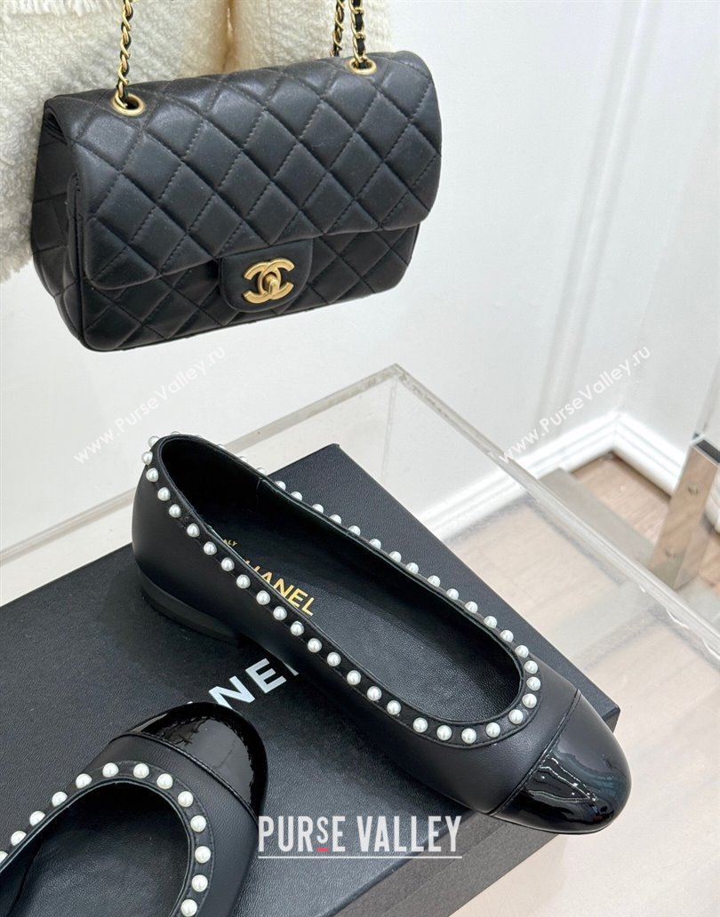 Chanel Lambskin Patent Calfskin Ballet Flats with Pearls Black 2025 CH041609 (MD-250416065)