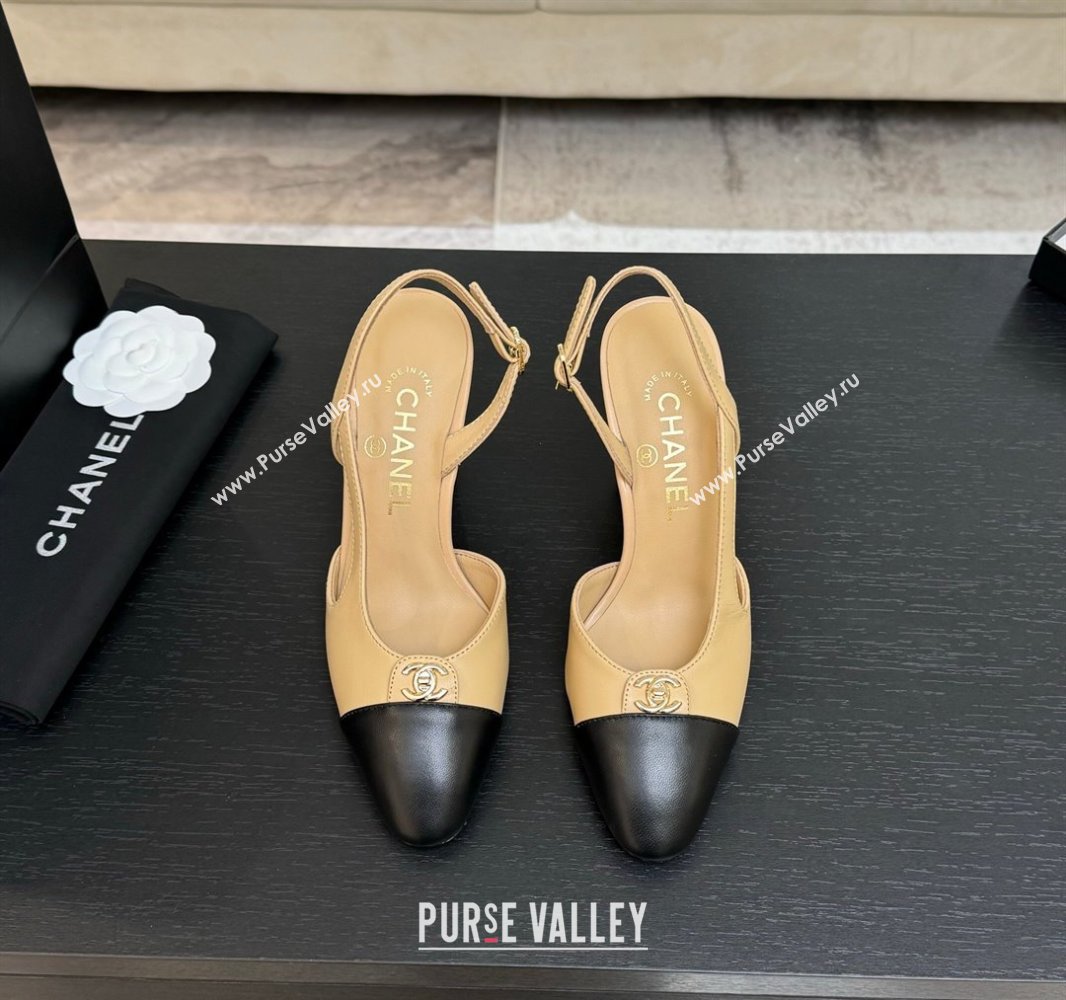 Chanel Lambskin Leather Slingback Pumps 9cm with CC Stud Tag Beige 2025 G46441 (MD-250415015)