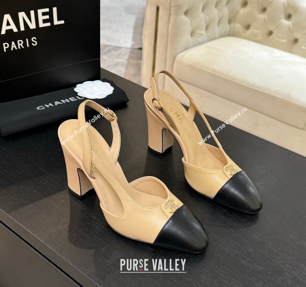 Chanel Lambskin Leather Slingback Pumps 9cm with CC Stud Tag Beige 2025 G46441 (MD-250415015)