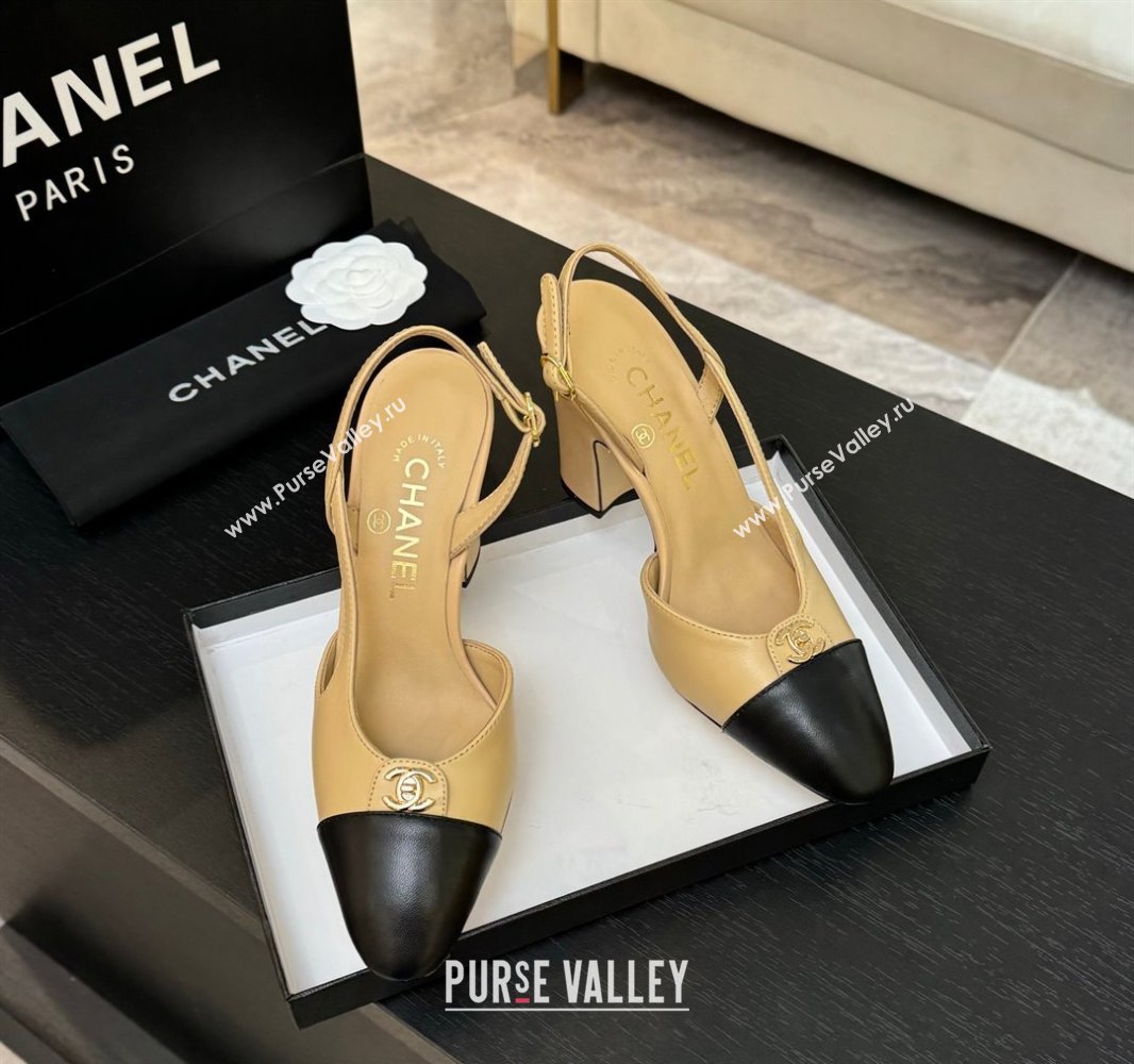 Chanel Lambskin Leather Slingback Pumps 9cm with CC Stud Tag Beige 2025 G46441 (MD-250415015)