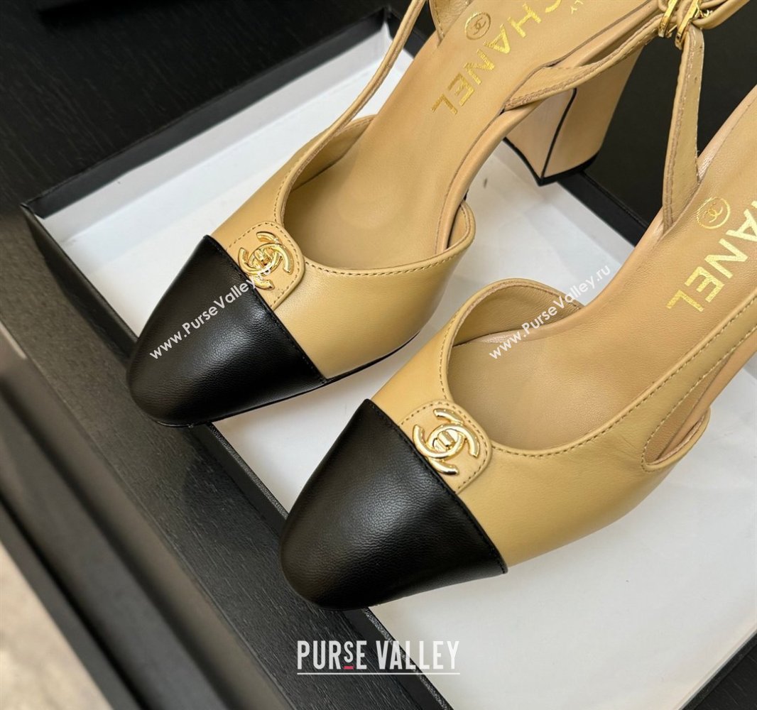Chanel Lambskin Leather Slingback Pumps 9cm with CC Stud Tag Beige 2025 G46441 (MD-250415015)