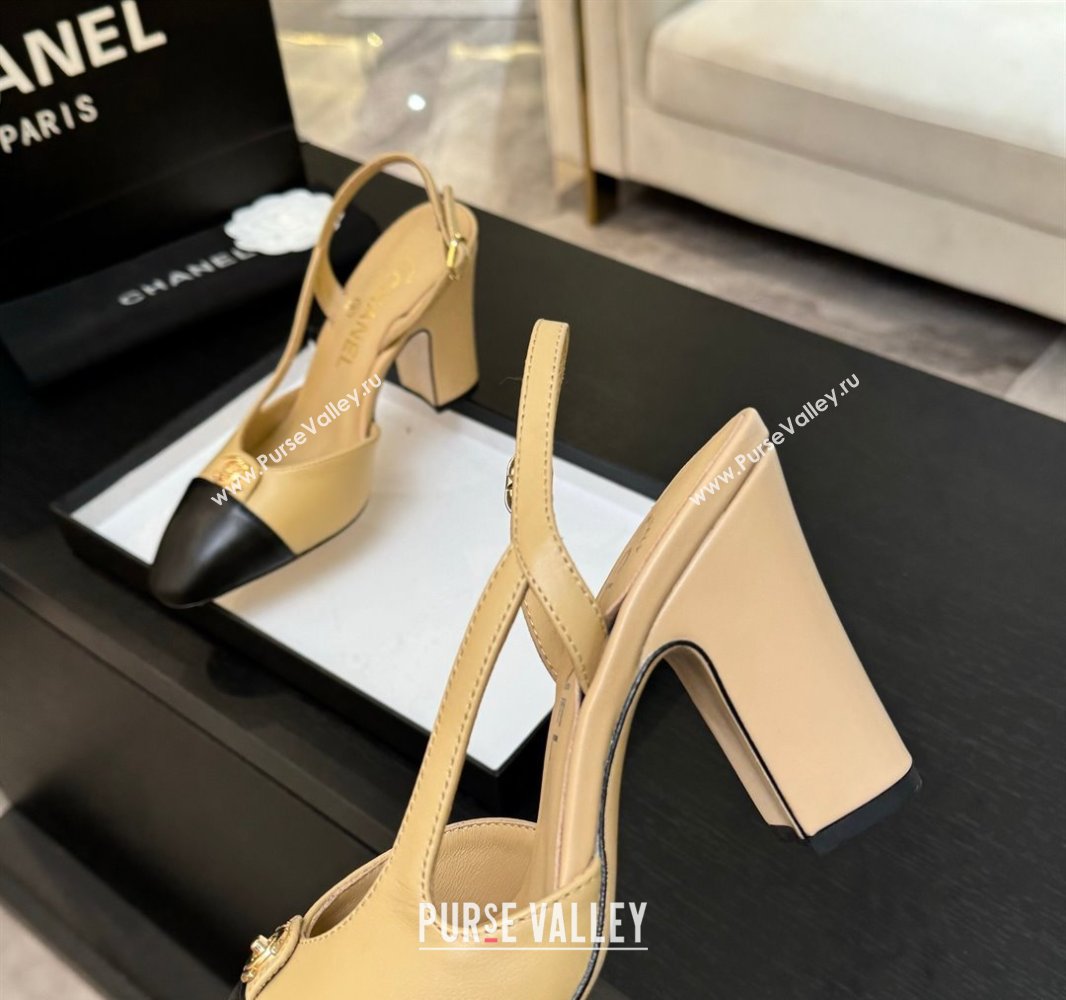 Chanel Lambskin Leather Slingback Pumps 9cm with CC Stud Tag Beige 2025 G46441 (MD-250415015)