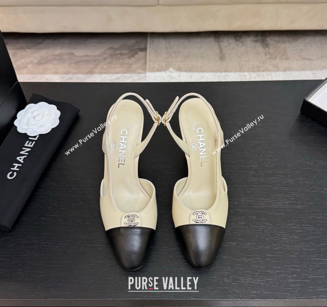 Chanel Lambskin Leather Slingback Pumps 9cm with CC Stud Tag Cream White 2025 G46441 (MD-250415016)