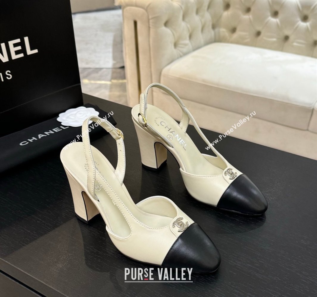 Chanel Lambskin Leather Slingback Pumps 9cm with CC Stud Tag Cream White 2025 G46441 (MD-250415016)