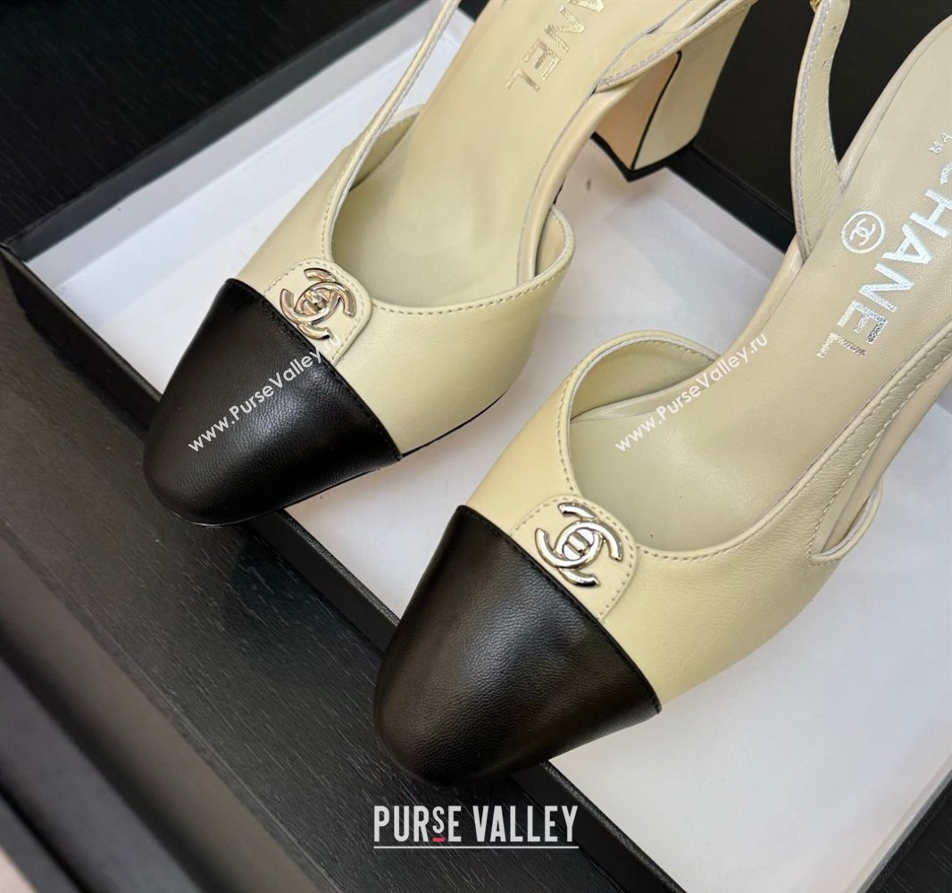 Chanel Lambskin Leather Slingback Pumps 9cm with CC Stud Tag Cream White 2025 G46441 (MD-250415016)
