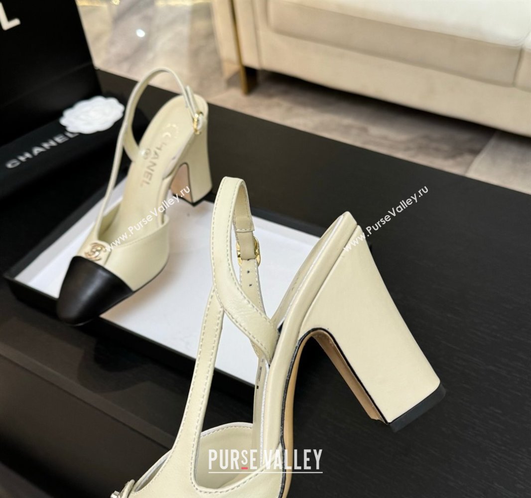 Chanel Lambskin Leather Slingback Pumps 9cm with CC Stud Tag Cream White 2025 G46441 (MD-250415016)