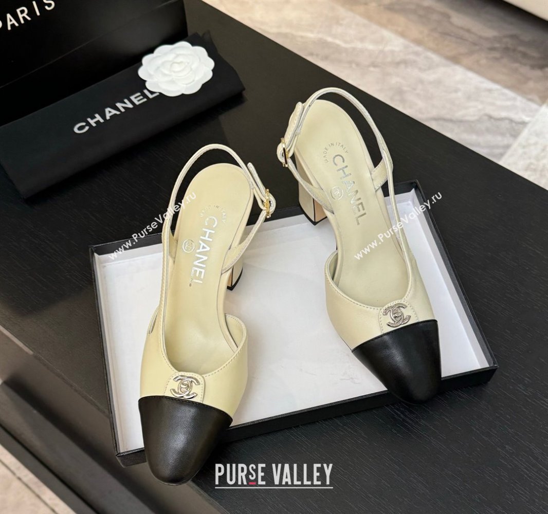 Chanel Lambskin Leather Slingback Pumps 9cm with CC Stud Tag Cream White 2025 G46441 (MD-250415016)