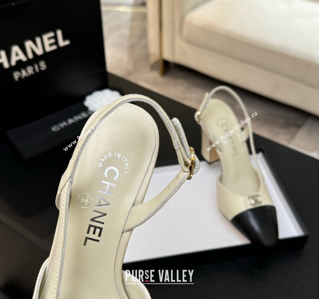 Chanel Lambskin Leather Slingback Pumps 9cm with CC Stud Tag Cream White 2025 G46441 (MD-250415016)