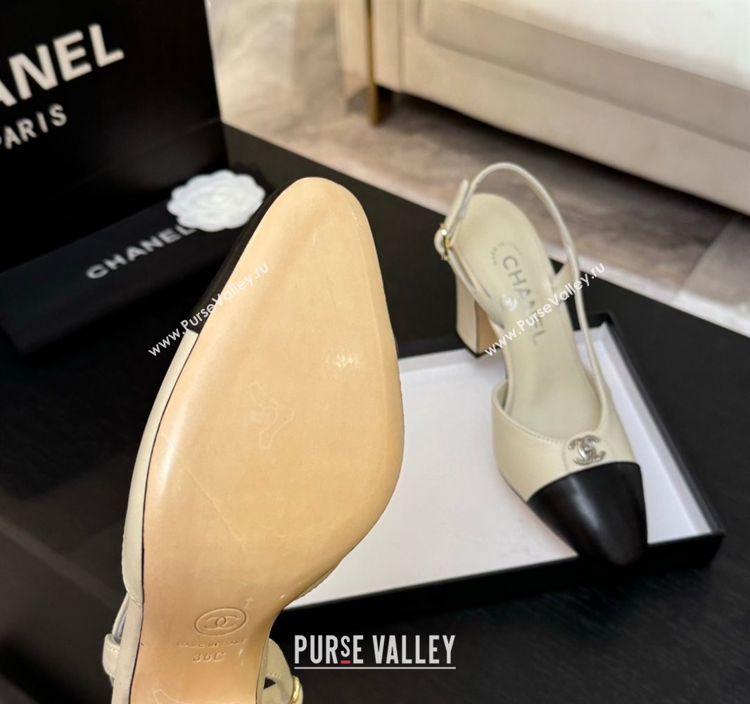 Chanel Lambskin Leather Slingback Pumps 9cm with CC Stud Tag Cream White 2025 G46441 (MD-250415016)