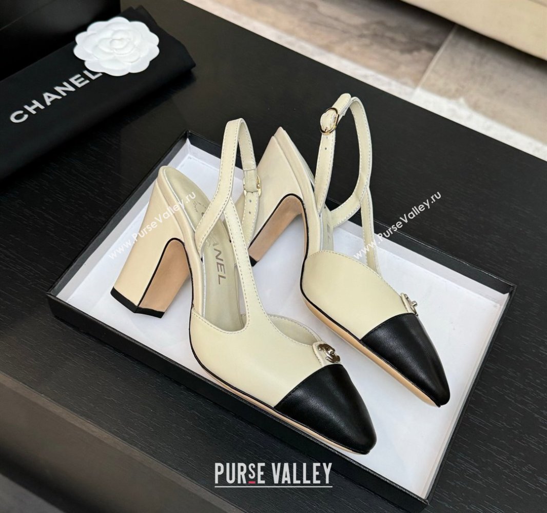 Chanel Lambskin Leather Slingback Pumps 9cm with CC Stud Tag Cream White 2025 G46441 (MD-250415016)