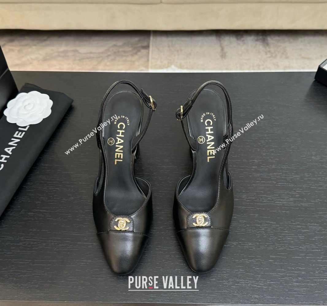 Chanel Lambskin Leather Slingback Pumps 9cm with CC Stud Tag Black 2025 G46441 (MD-250415017)