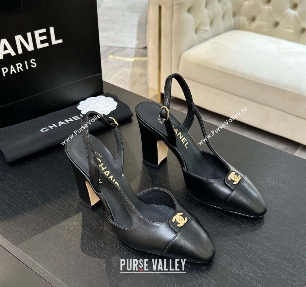 Chanel Lambskin Leather Slingback Pumps 9cm with CC Stud Tag Black 2025 G46441 (MD-250415017)